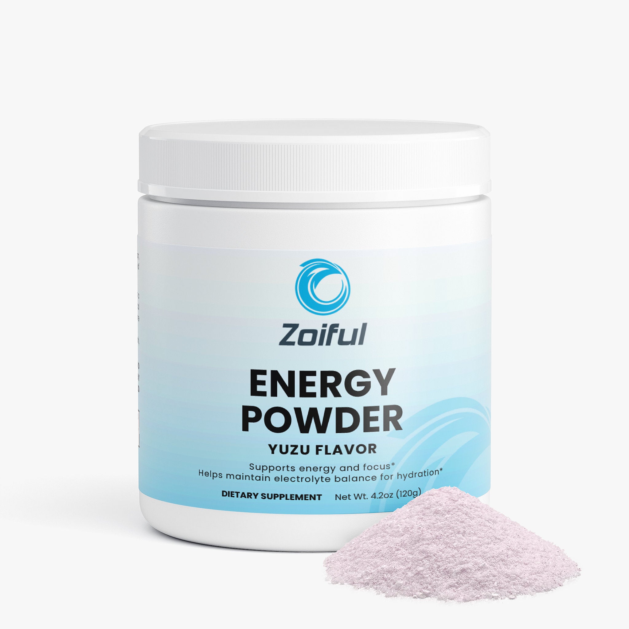 Energy Powder Yuzu Flavor supplement jar angled view with clean energy drink mix label