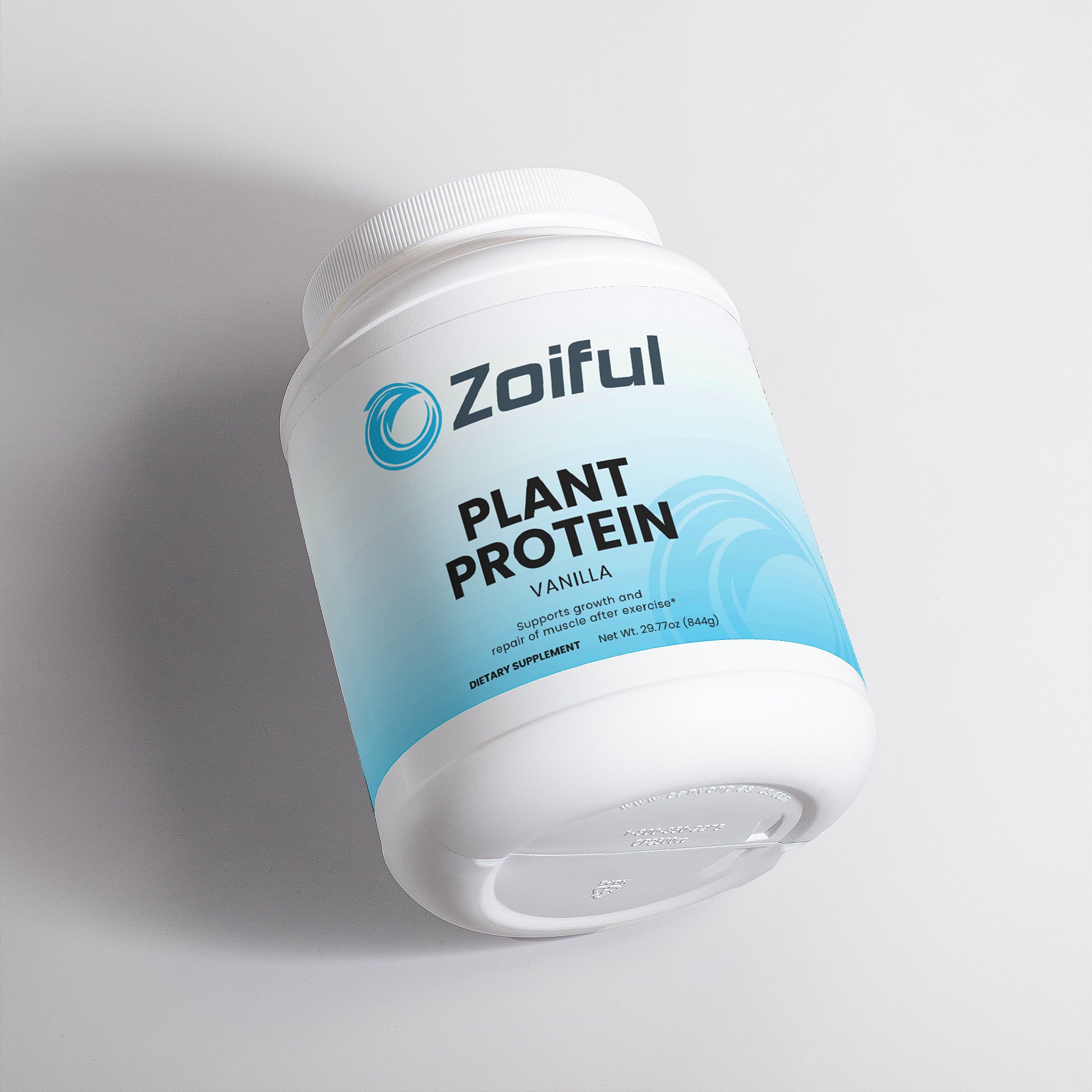 Vanilla plant protein powder container with 20g protein per serving