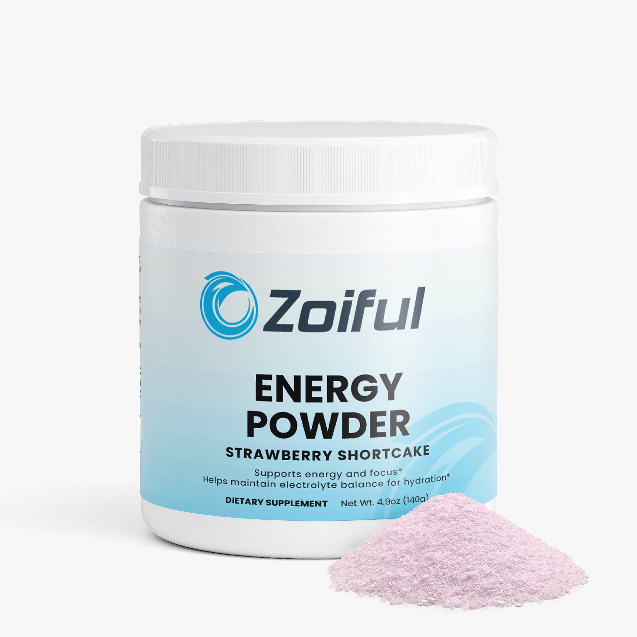 Sugar free Energy Powder Strawberry Shortcake supplement jar angled product view