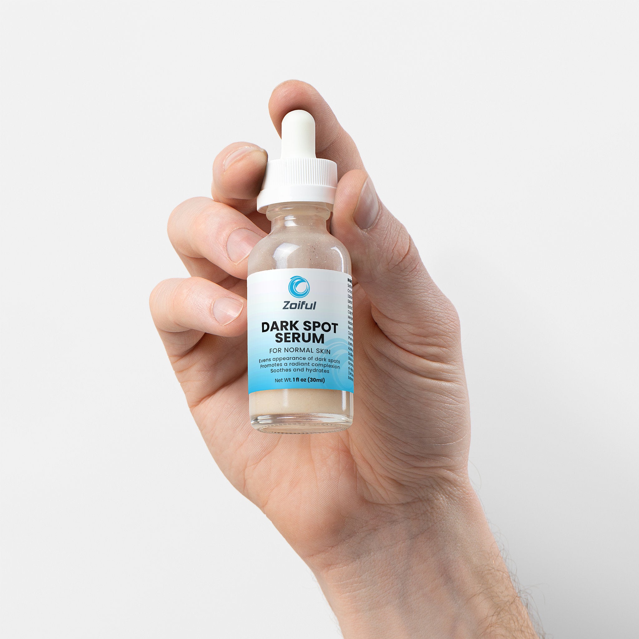 Dark spot serum for normal skin packaging and bottle close-up
