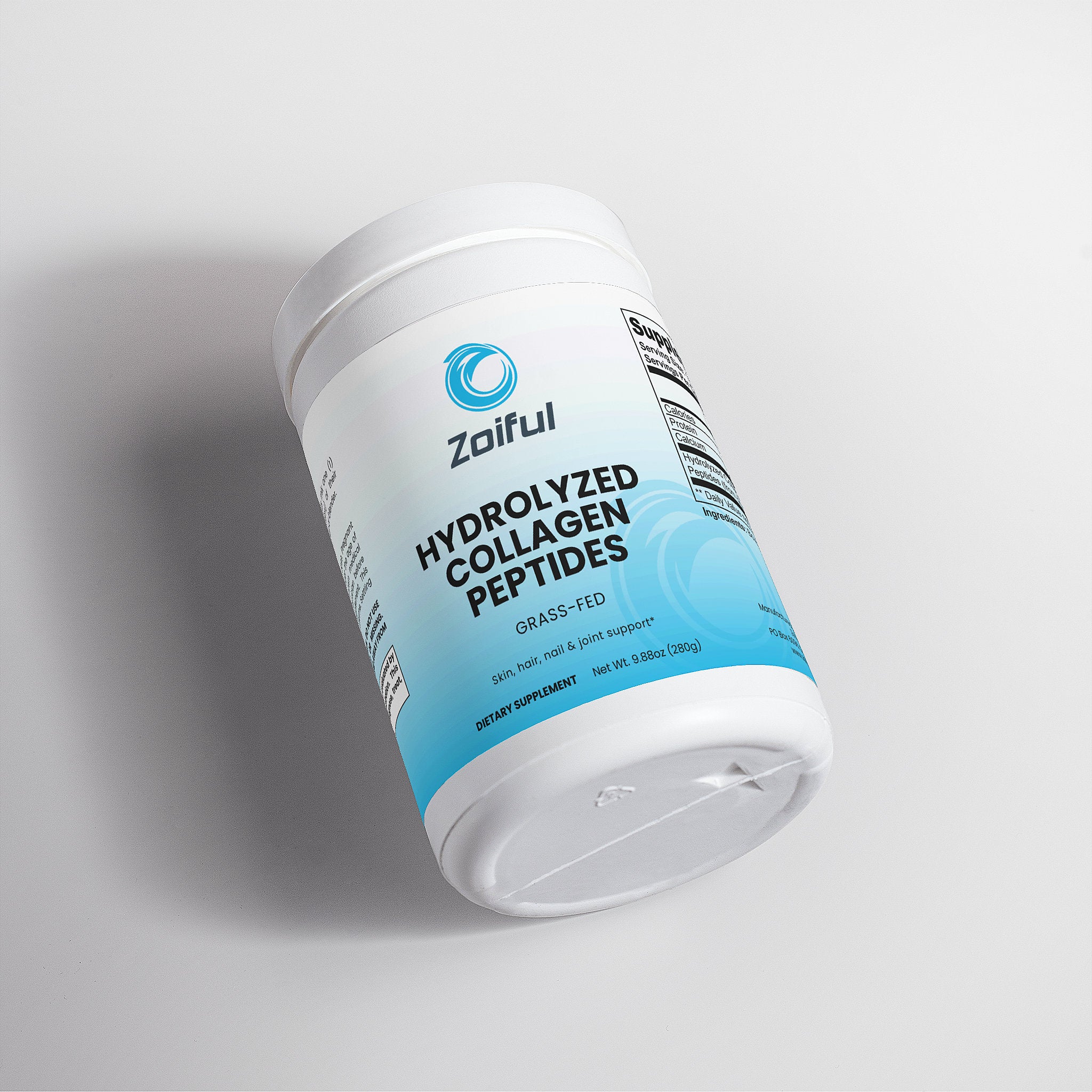 Grass-fed hydrolyzed collagen peptides supplement container showing unflavored collagen powder packaging