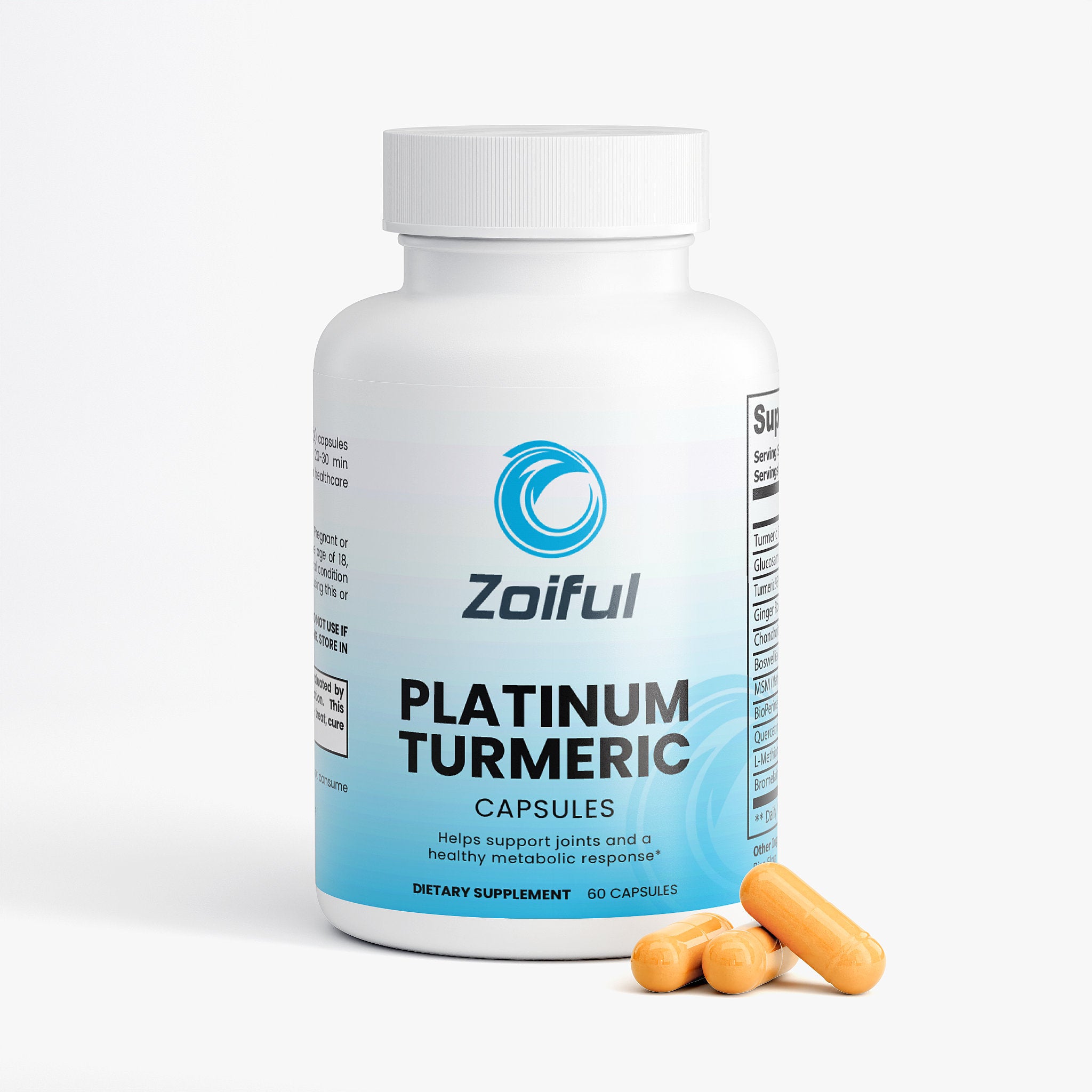 Platinum Turmeric capsules bottle showing turmeric, boswellia and glucosamine formula