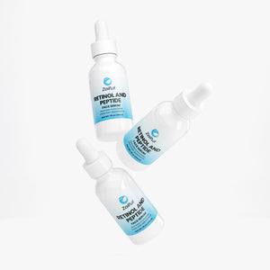 Retinol and Peptide Face Serum angled bottle image with retinol and peptides