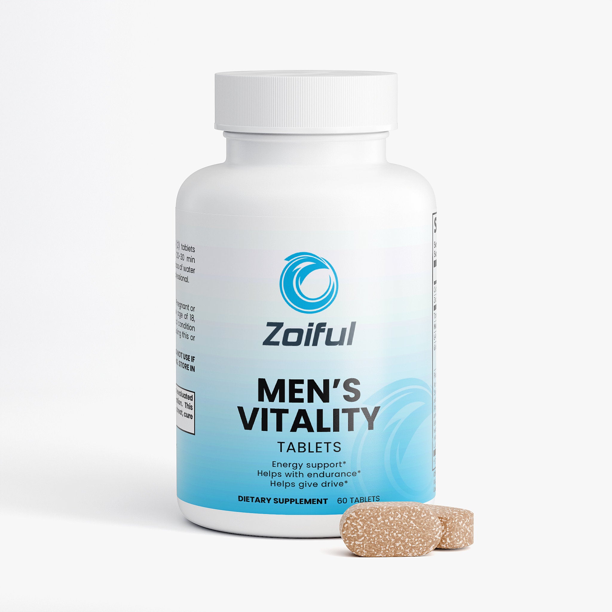 Men's Vitality Capsules front label with zinc, tongkat ali, maca and ginseng