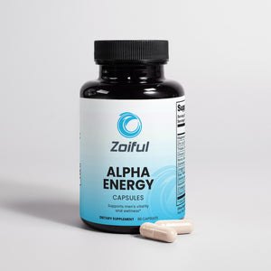 Alpha Energy men's wellness capsules bottle angled view