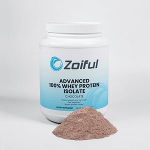 Whey protein isolate chocolate jar showing nutrition and supplement details