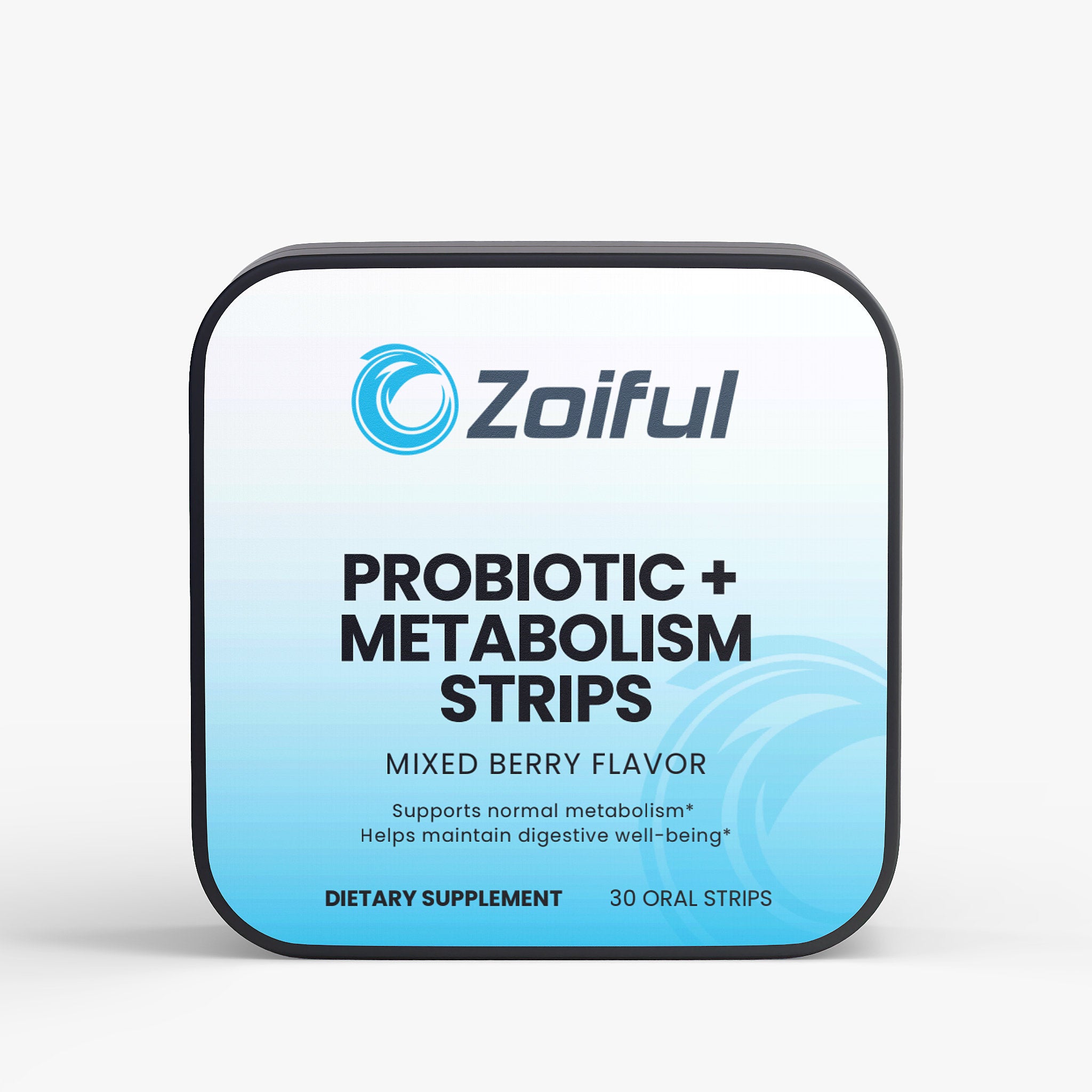 Probiotic + Metabolism Strips metal tin with mixed berry probiotic oral strips
