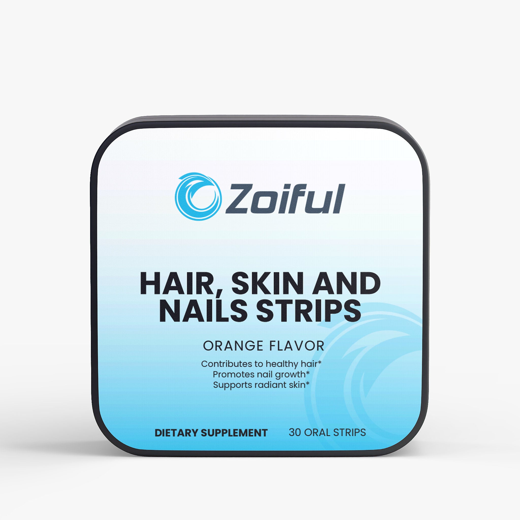 Hair, Skin and Nails Strips biotin oral supplement tin and orange-flavored strip packets