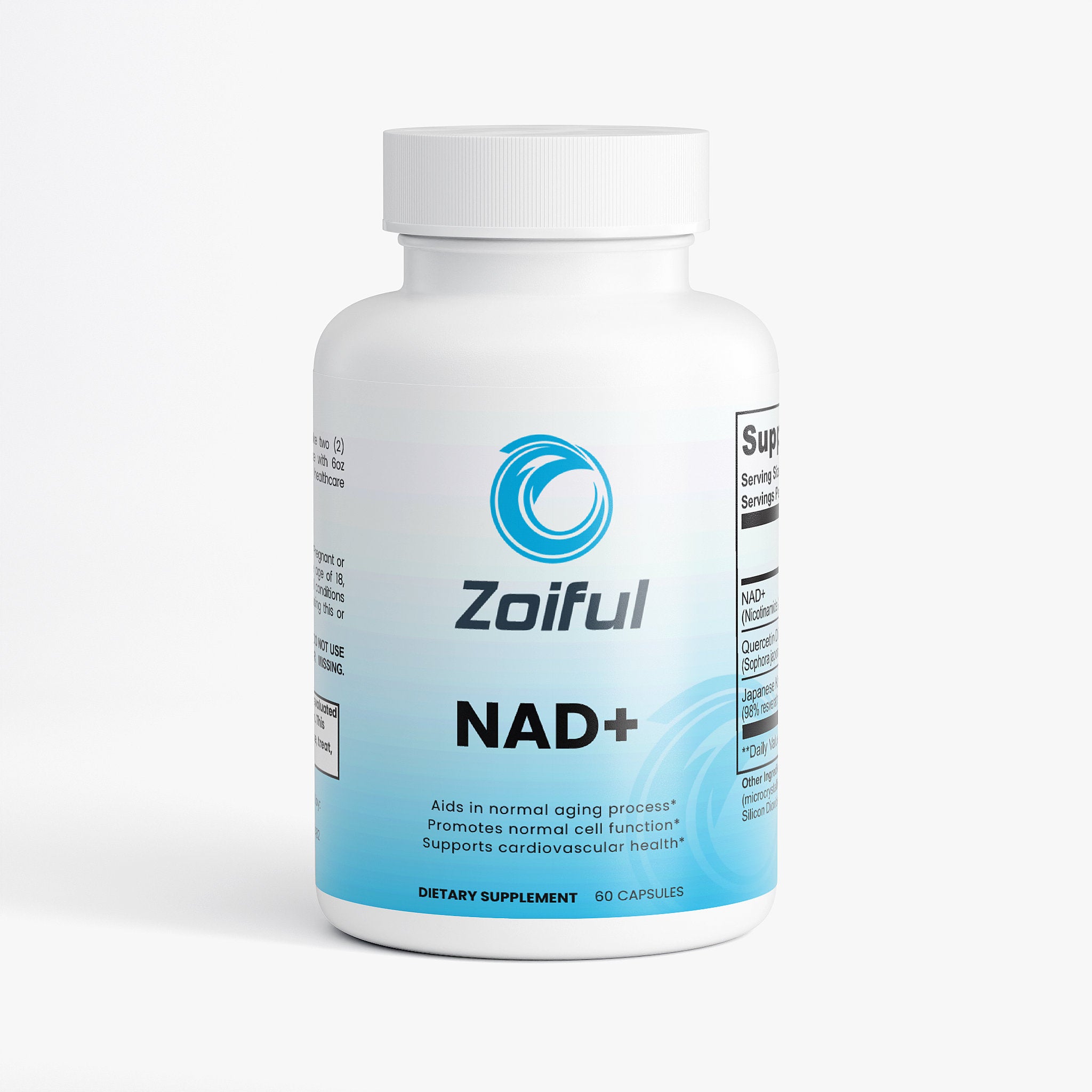 NAD+ supplement bottle with quercetin and resveratrol for cellular energy support
