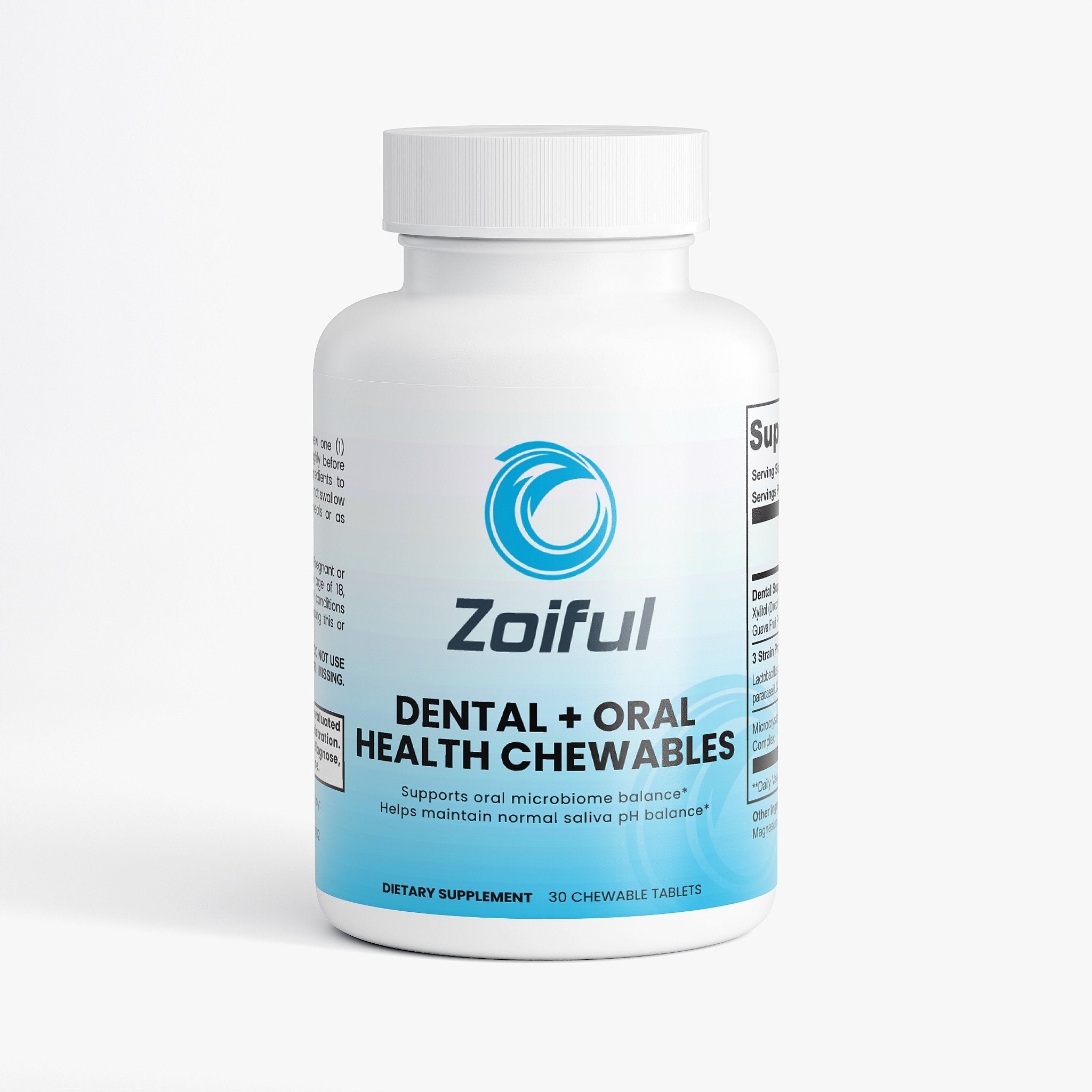 Dental + Oral Health Chewables bottle front with oral probiotic tablets for enamel and mouth wellness support