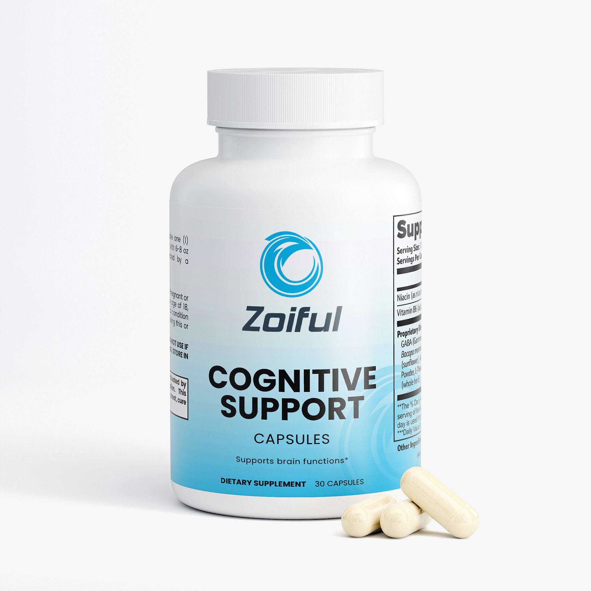 Cognitive Support supplement label with Bacopa, L-Tyrosine, GABA, and Huperzine A