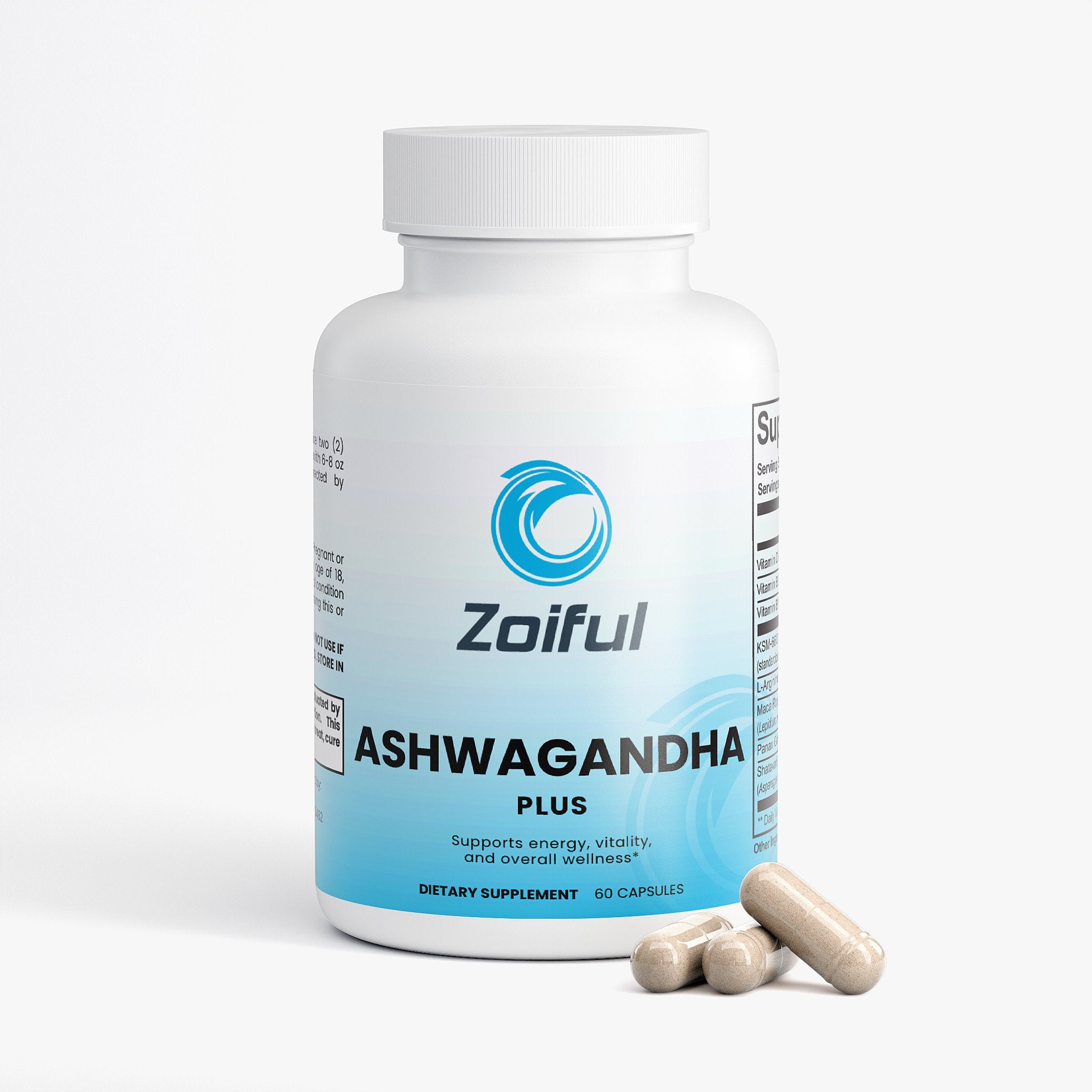 Ashwagandha Plus supplement facts with KSM-66 ashwagandha, vitamin D3, B6, and B12
