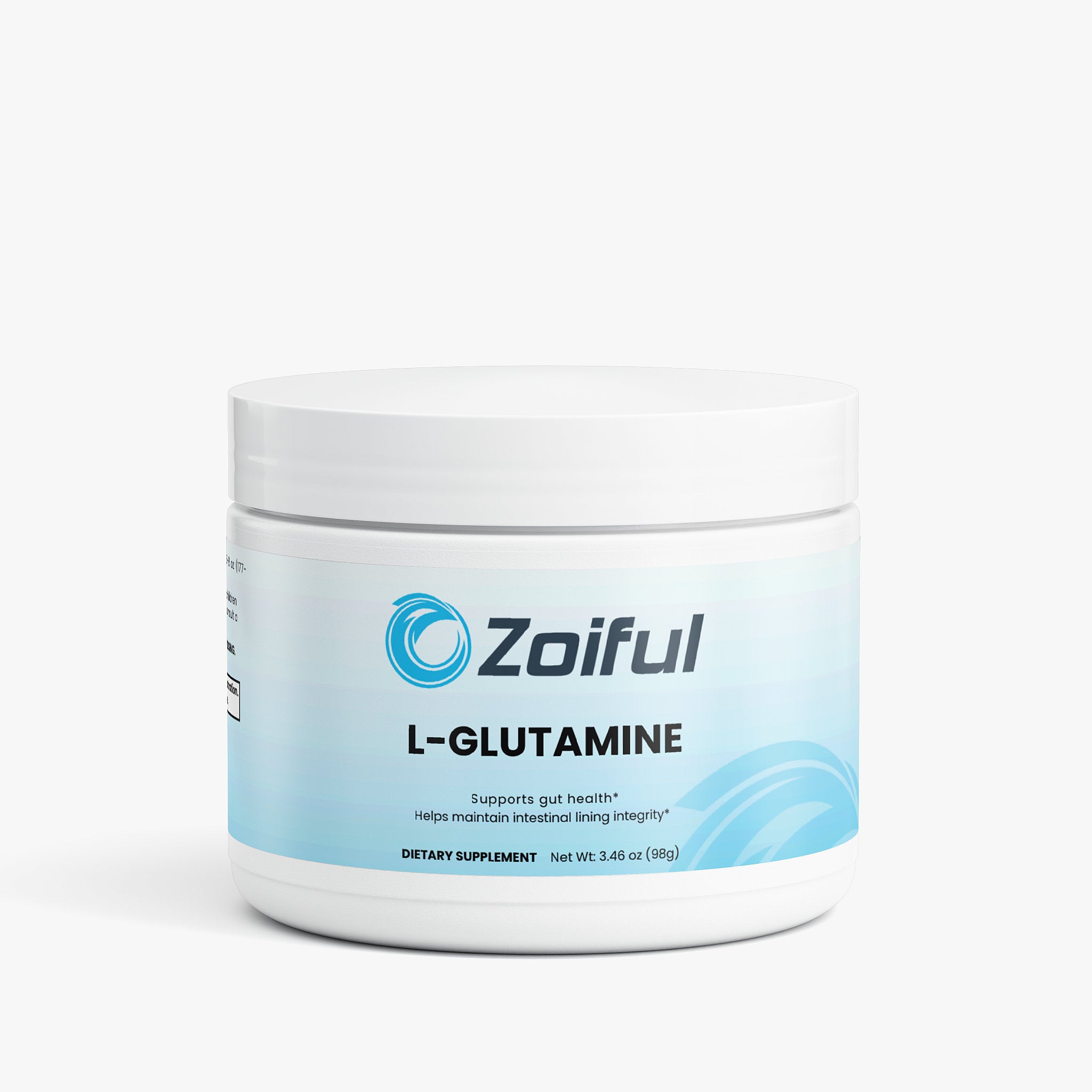 L-Glutamine powder jar for gut health and recovery support by Zoiful Wellness