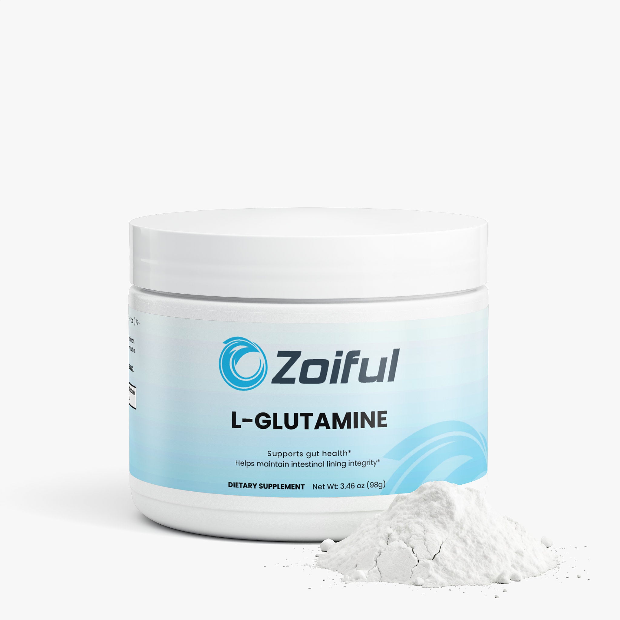 Front label of L-Glutamine powder supplement for digestive wellness and muscle recovery