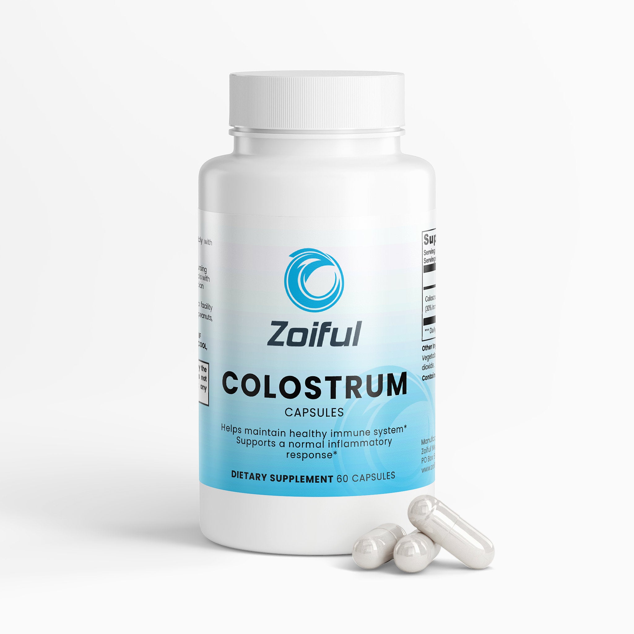 Bovine colostrum capsules supplement label showing 500mg and 30% IgG