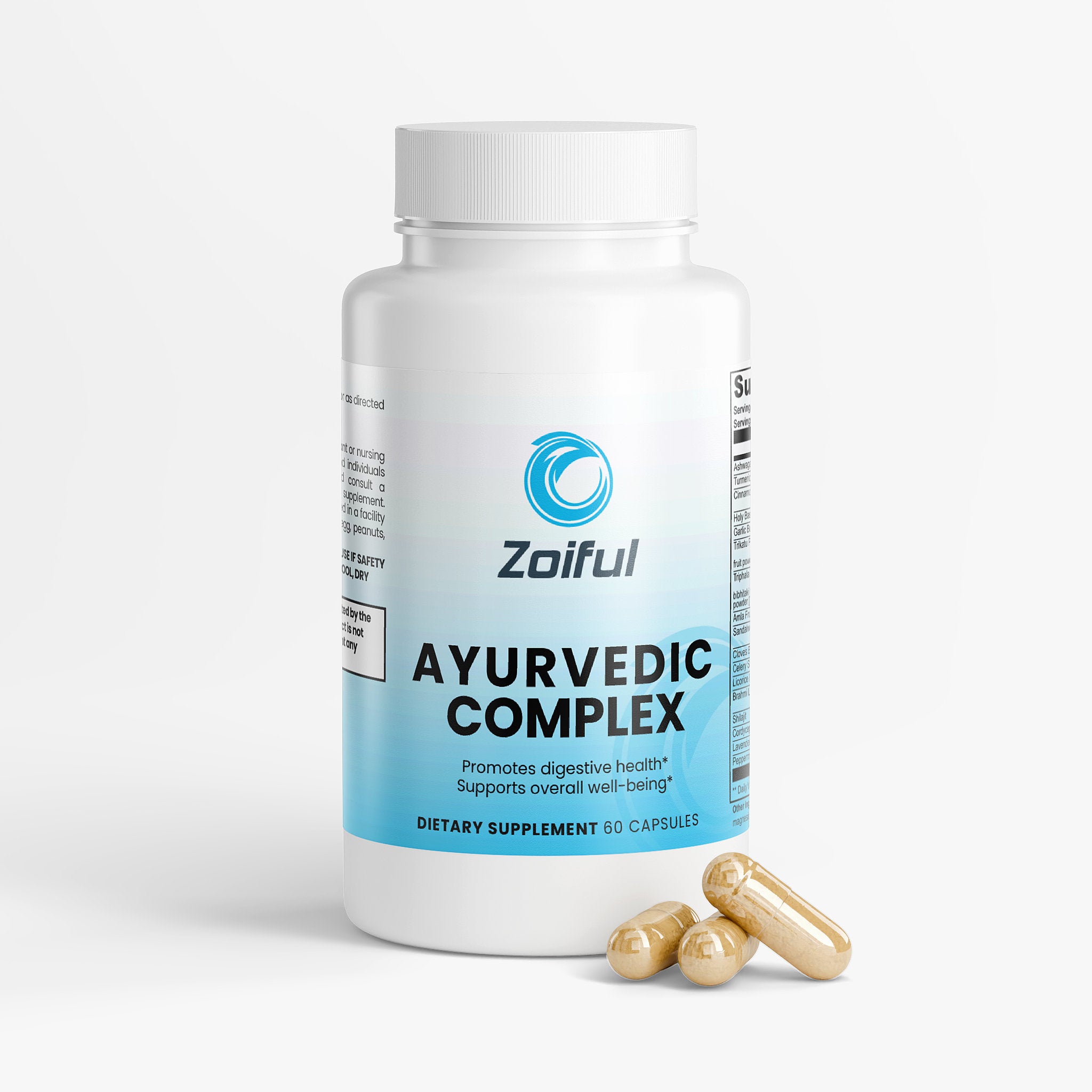 Ayurvedic Complex supplement bottle front label for daily balance and resilience support
