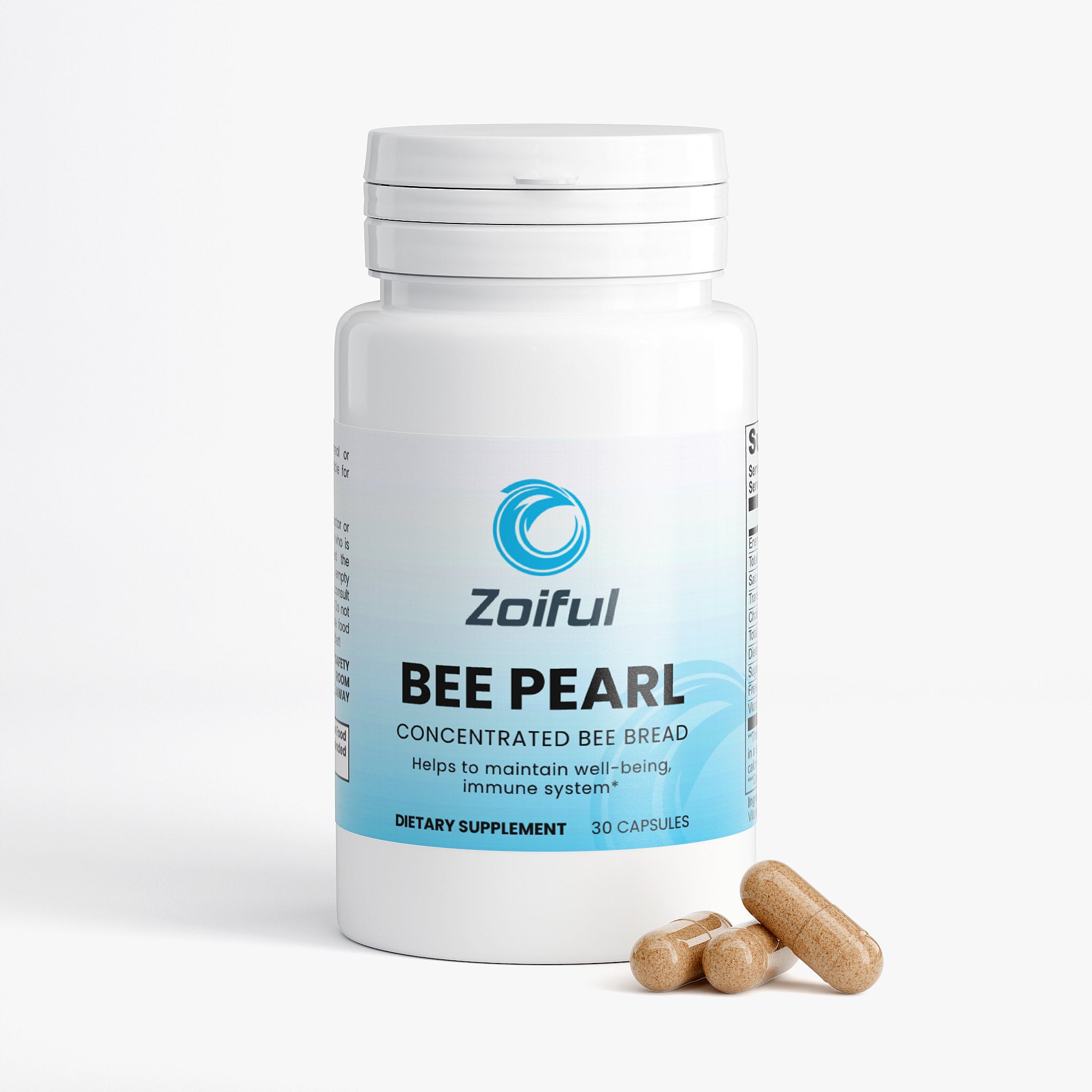 Bee Pearl supplement bottle with bee bread extract and vitamin C