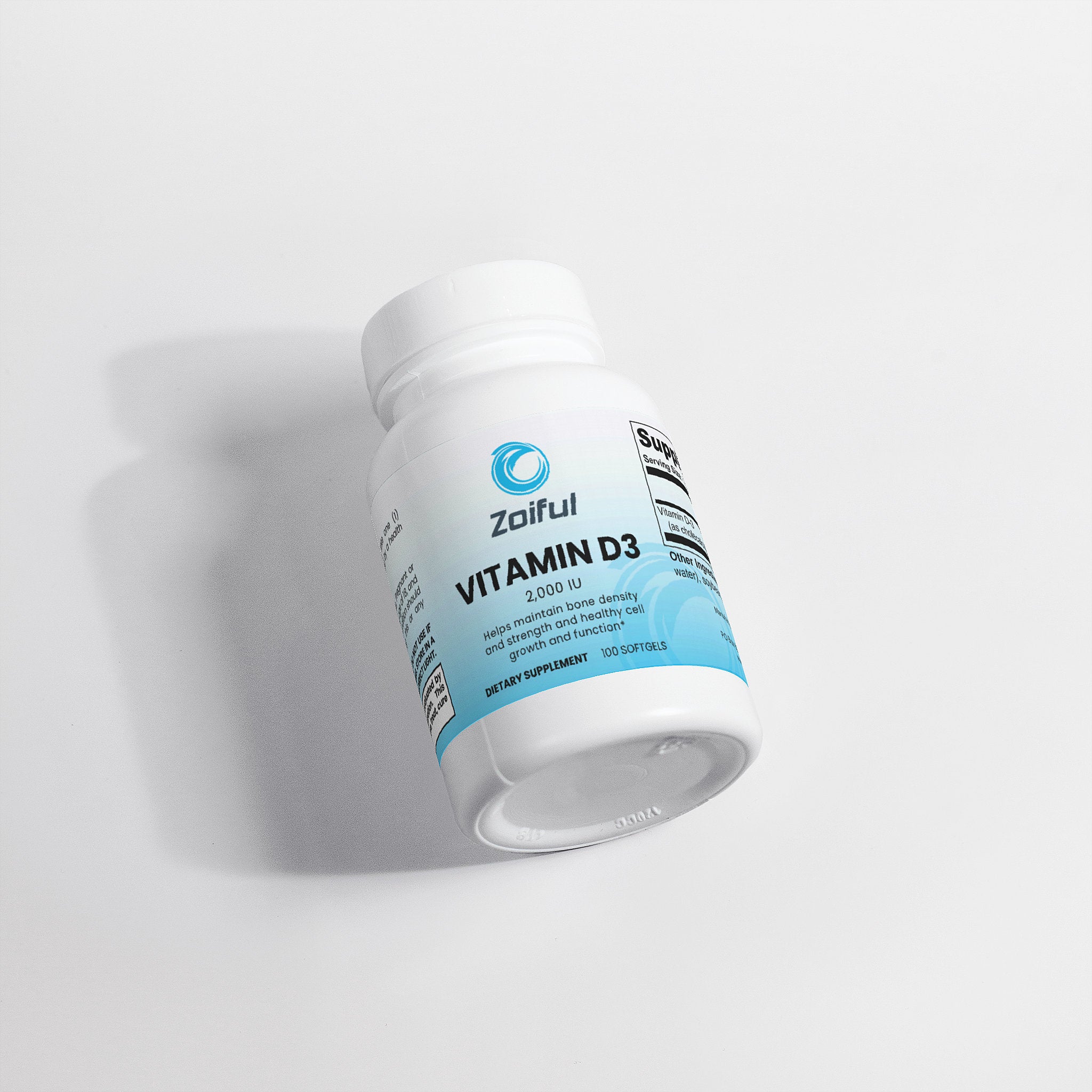 Vitamin D3 2000 IU supplement bottle angled view with 100 softgels
