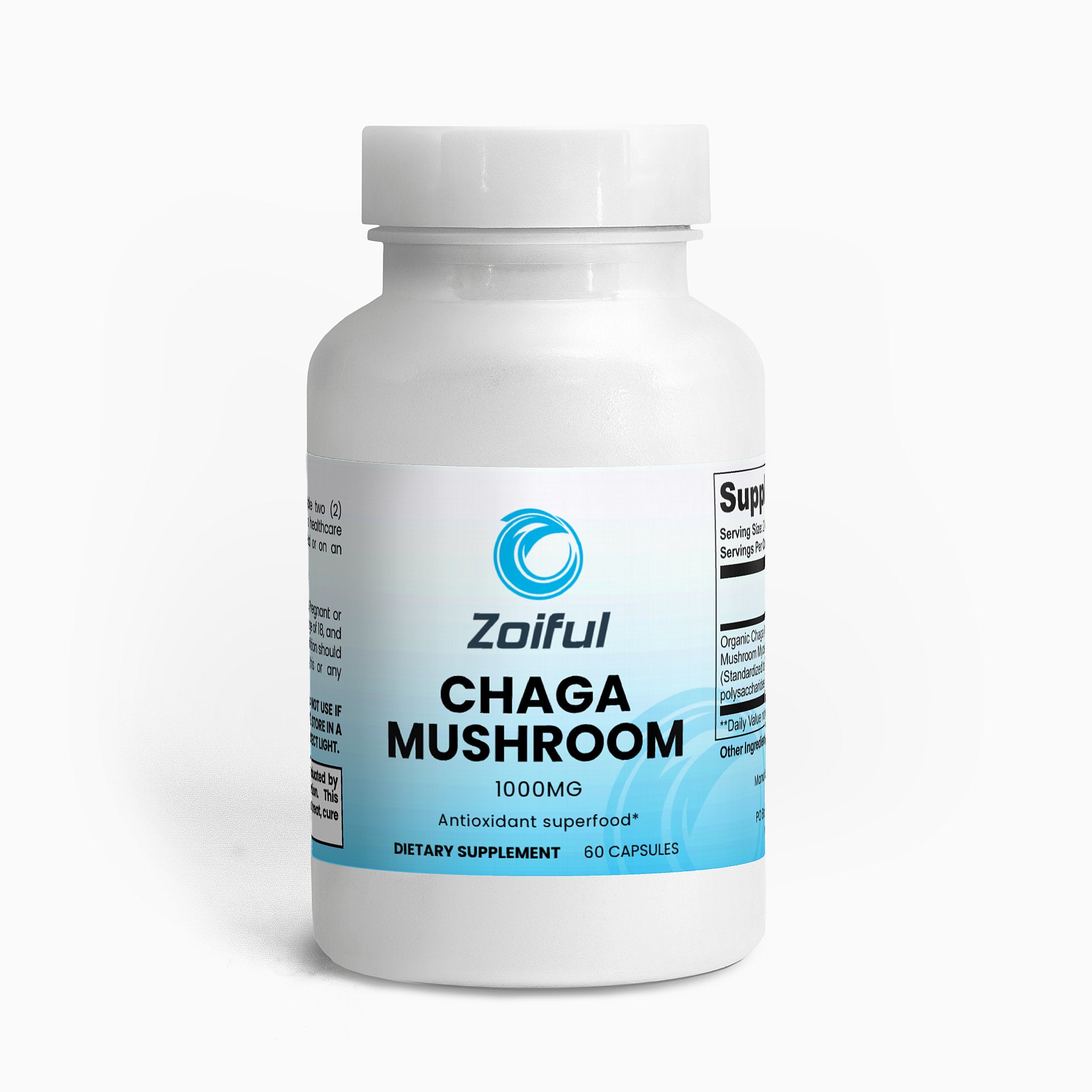 Chaga Mushroom capsules bottle for immune and antioxidant support