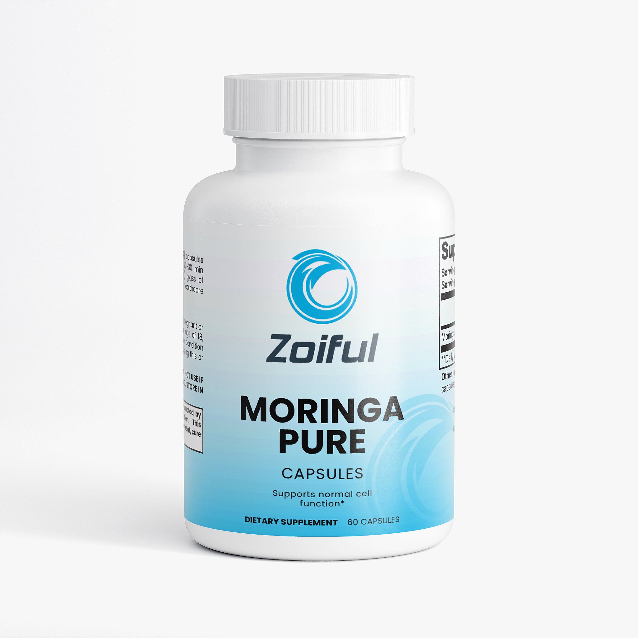 Moringa Pure moringa capsules bottle front label for daily wellness support