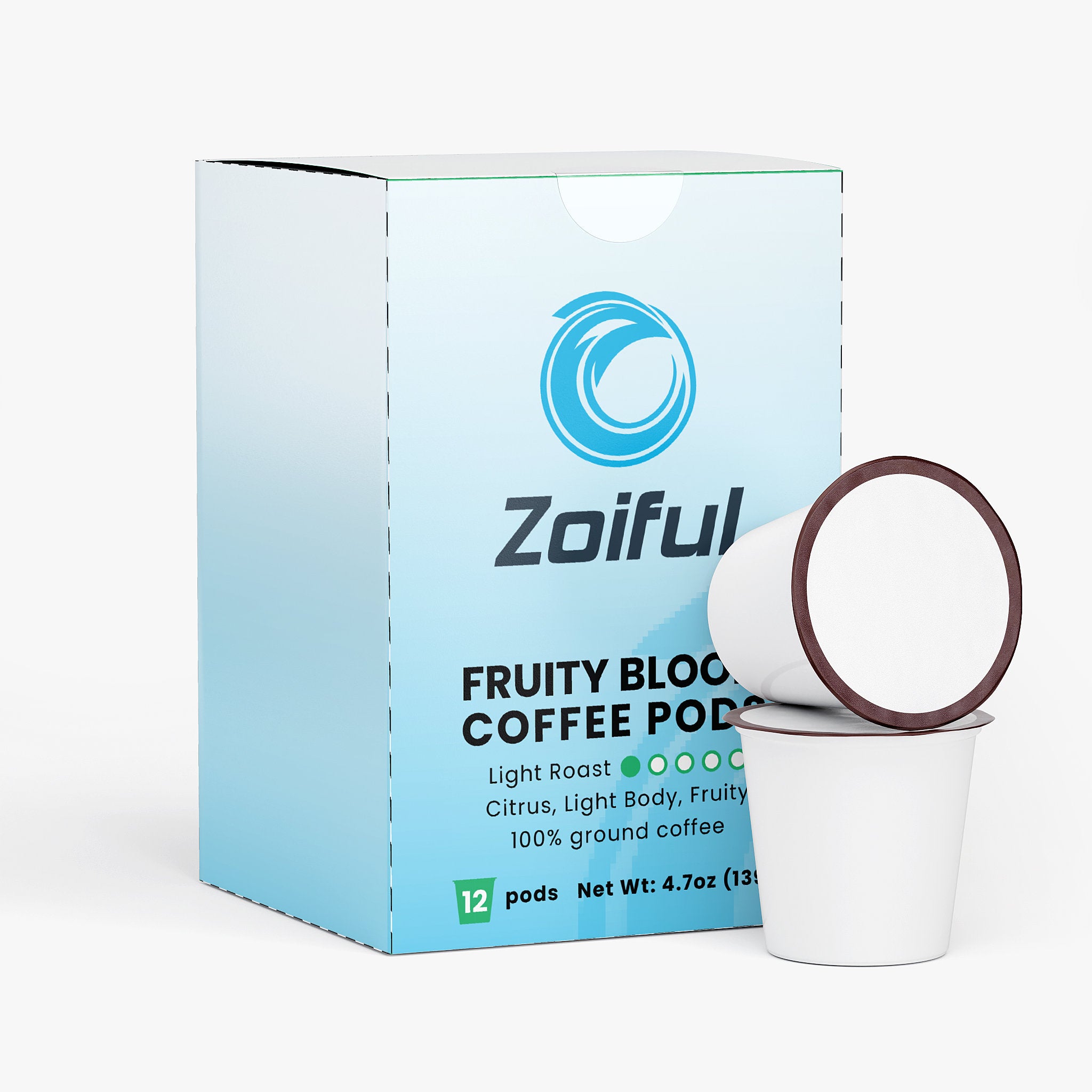 Fruity Bloom light roast coffee pods packaging with citrus and floral tasting profile