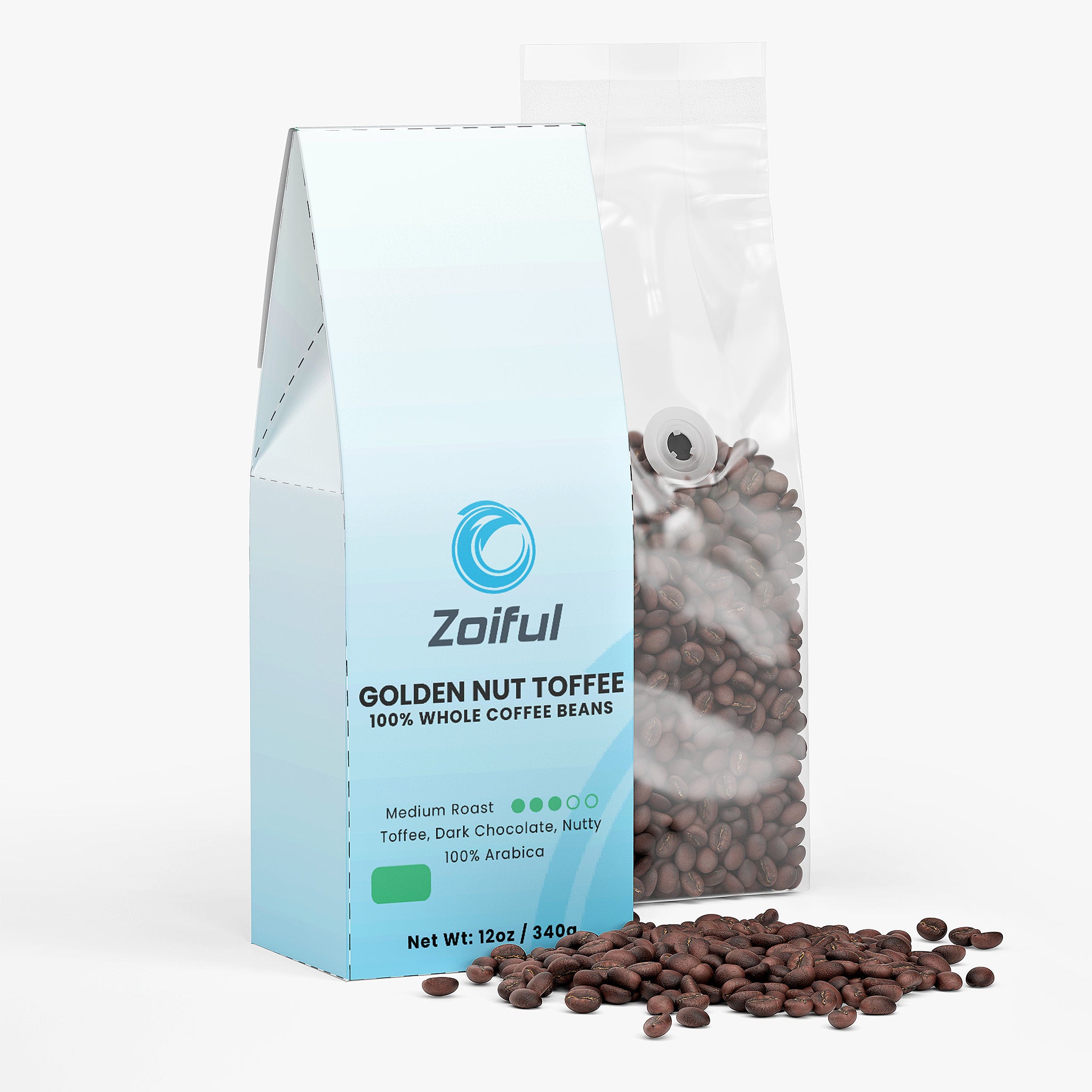 Golden Nut Toffee Coffee medium roast label with single origin Brazil and flavor notes
