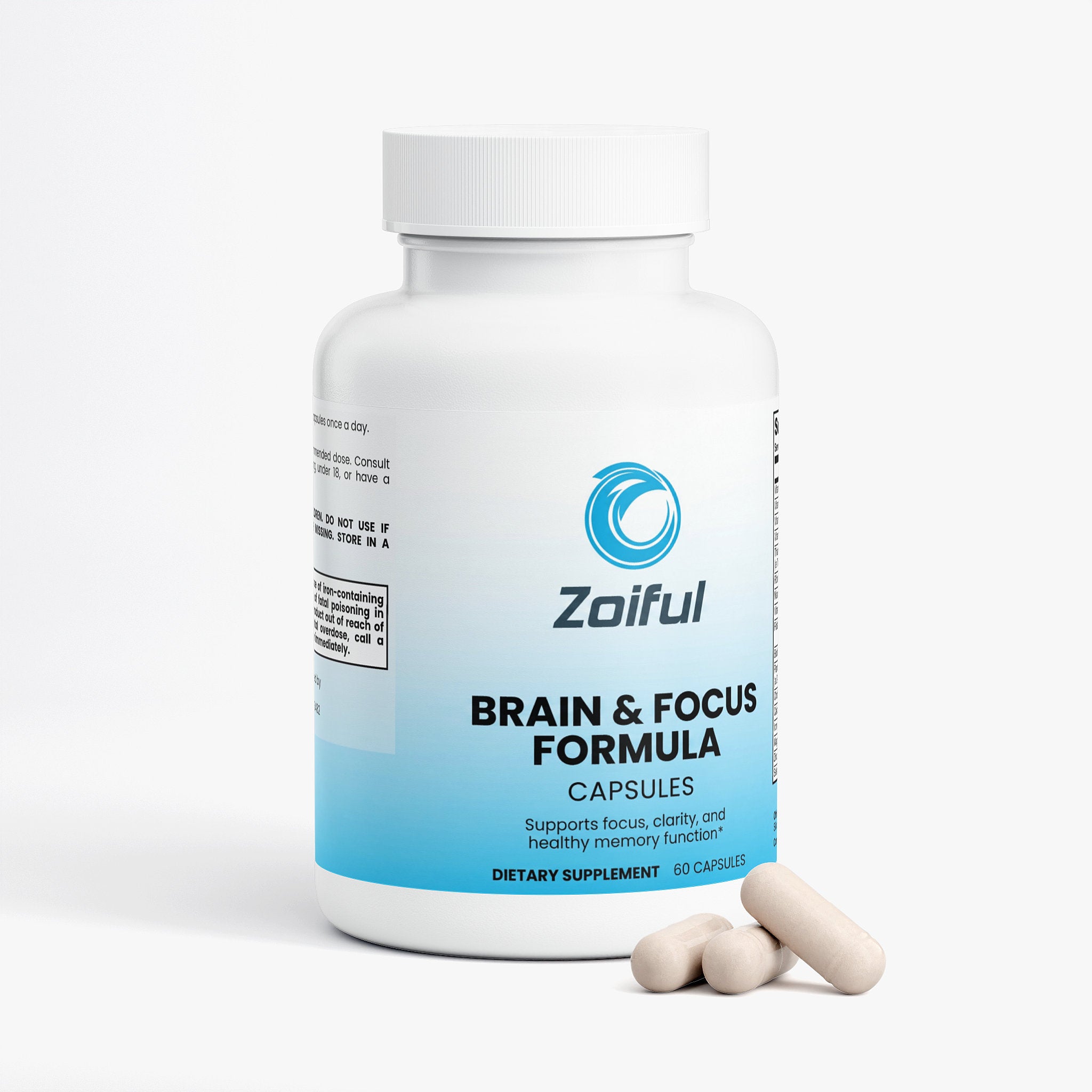 Brain & Focus Formula supplement facts and ingredient panel with vitamins and botanicals