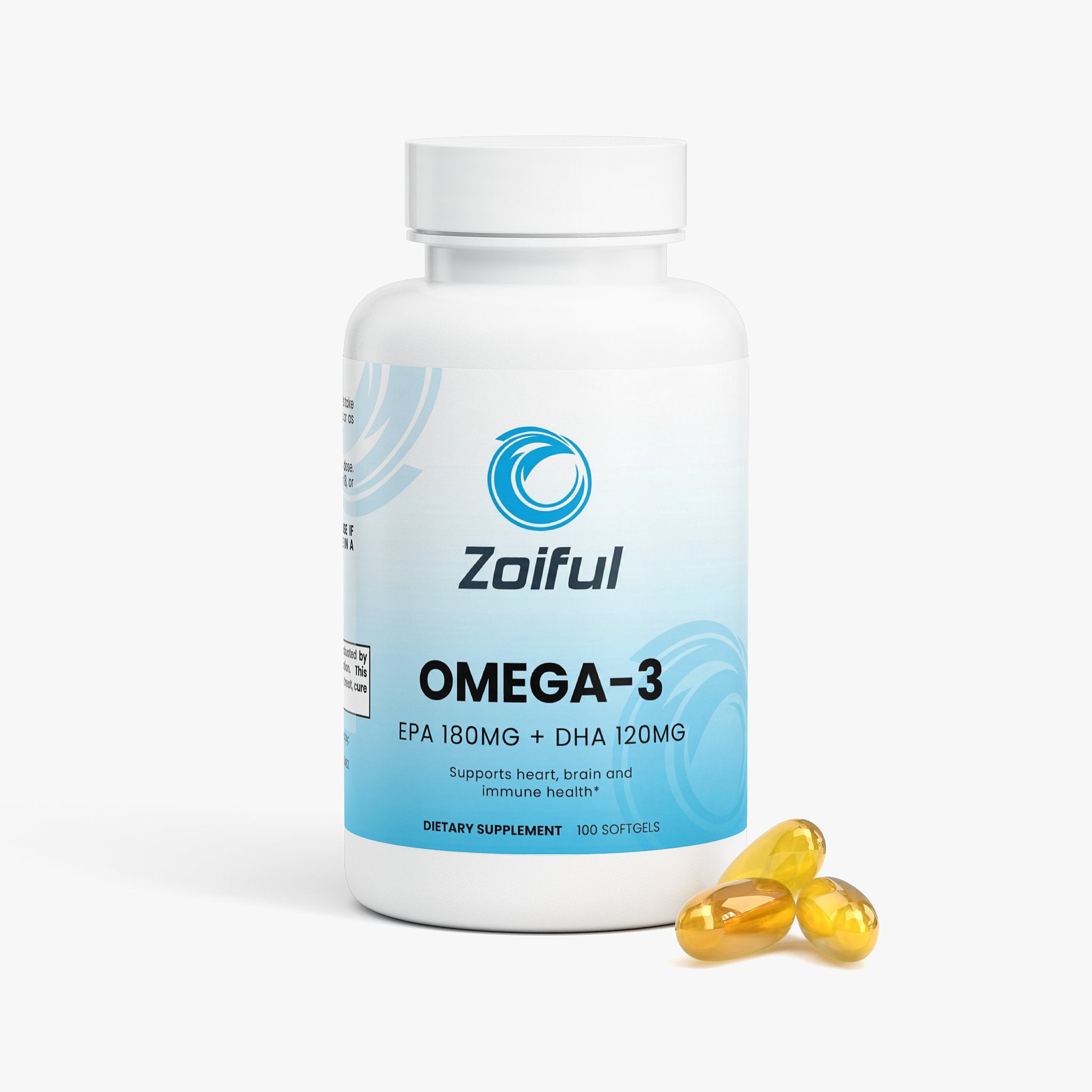 Omega-3 fish oil supplement bottle showing EPA 180mg and DHA 120mg label