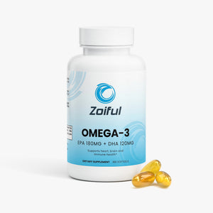 Omega-3 fish oil supplement bottle showing EPA 180mg and DHA 120mg label