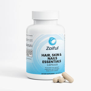 Hair skin and nails supplement capsules bottle showing biotin vitamins and zinc formula