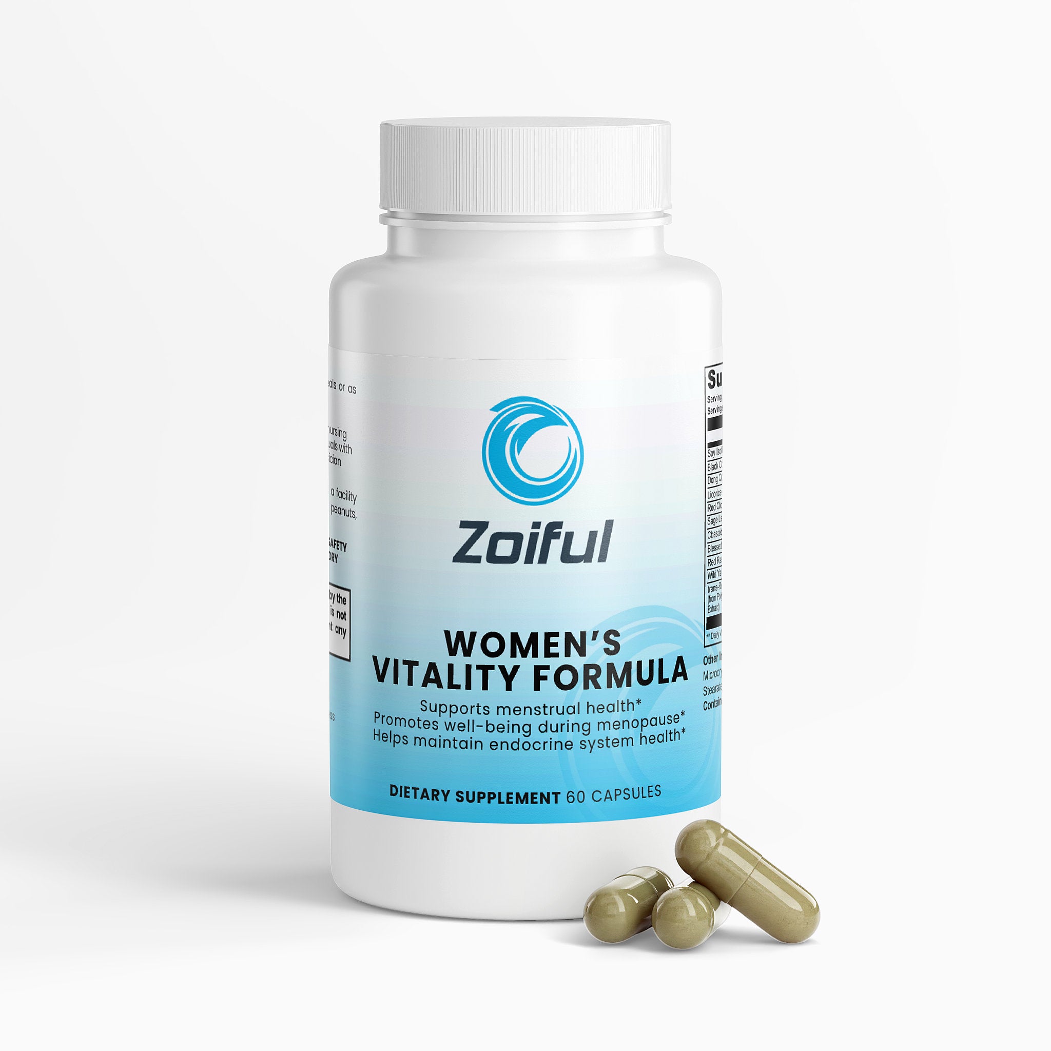Women's Vitality Formula supplement bottle angled view with 60 capsules