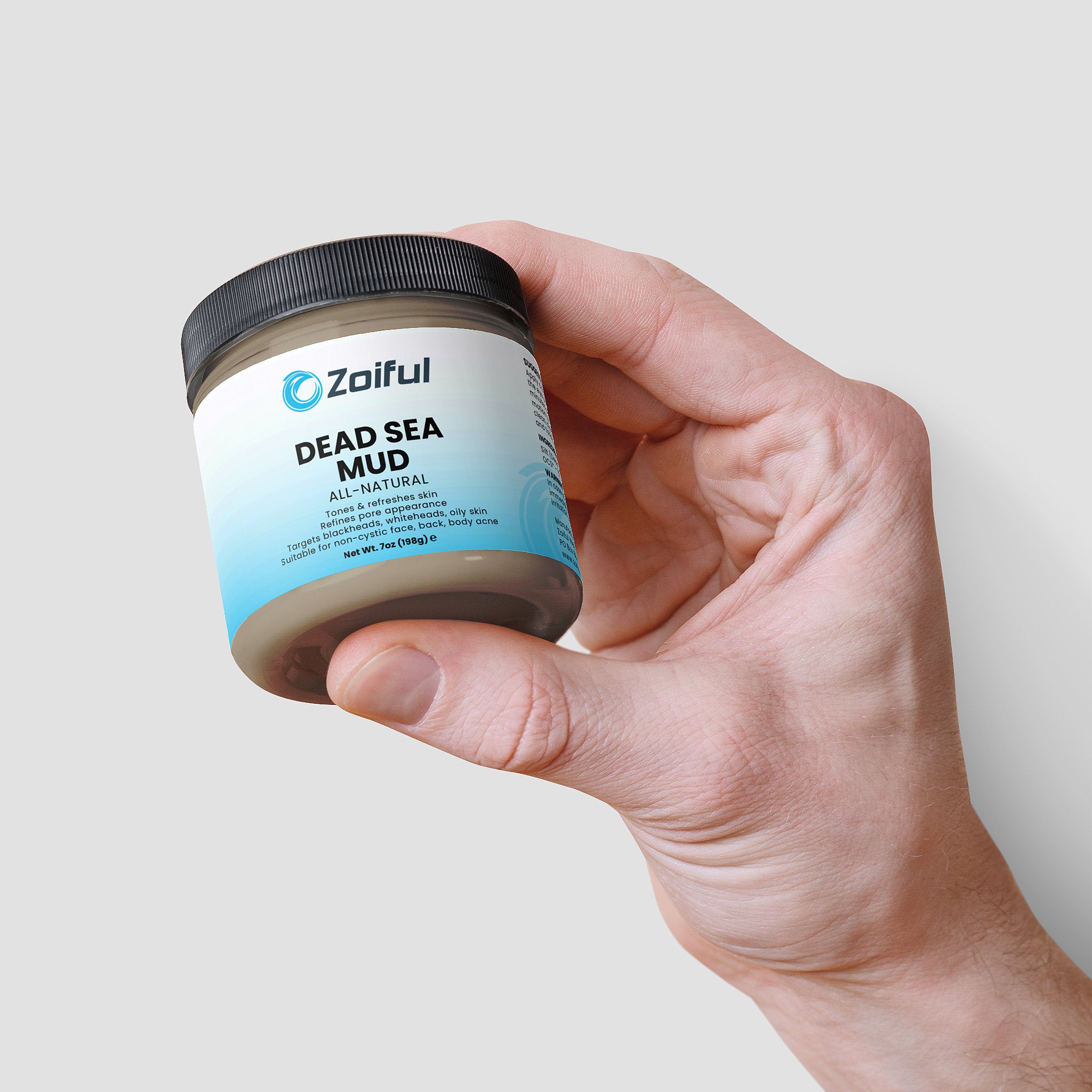 Dead Sea mud mask jar angled view for clarifying body care