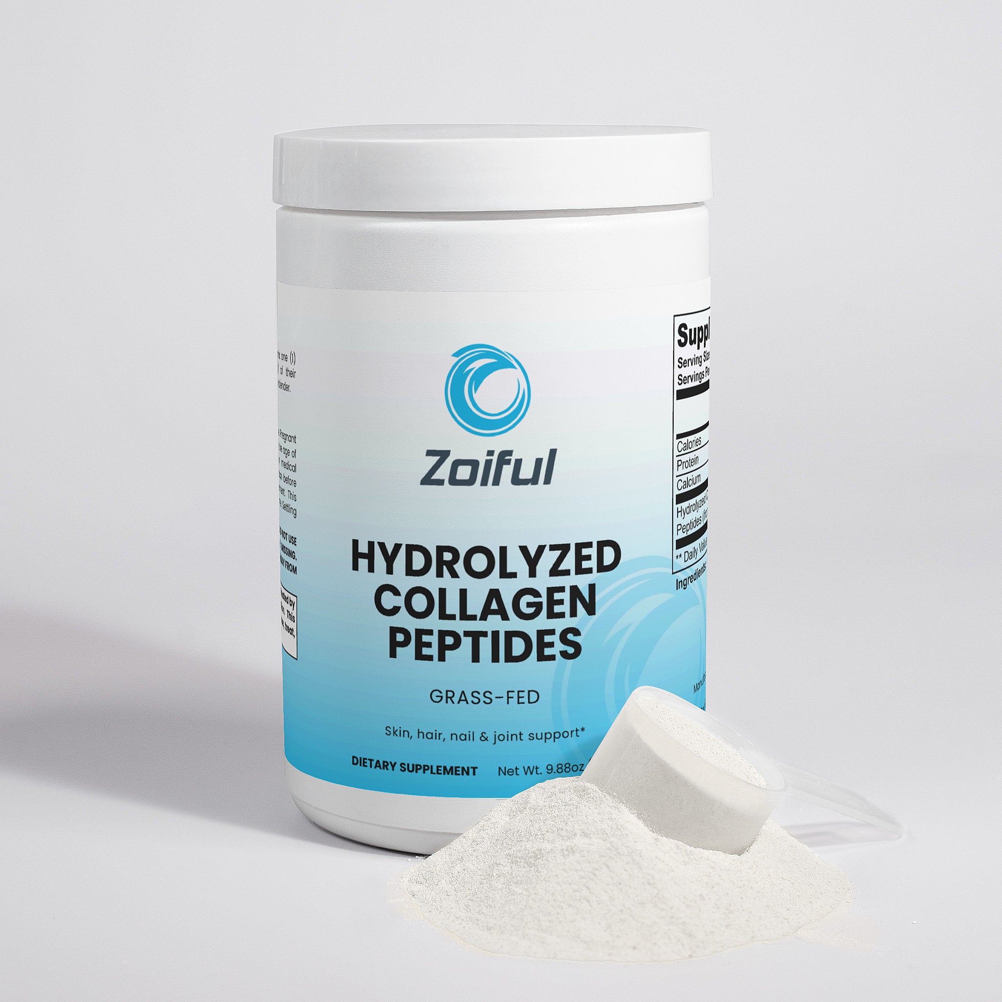 Side view of grass-fed bovine collagen peptides powder jar with product details and suggested use