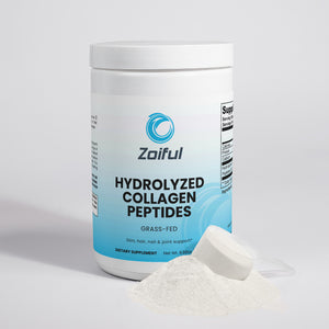 Side view of grass-fed bovine collagen peptides powder jar with product details and suggested use