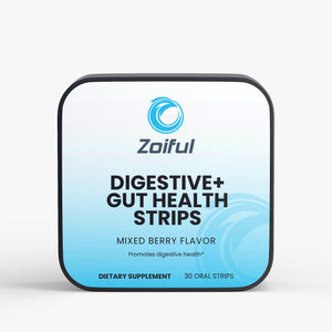 Digestive + Gut Health Strips tin and packets with probiotics and digestive enzymes