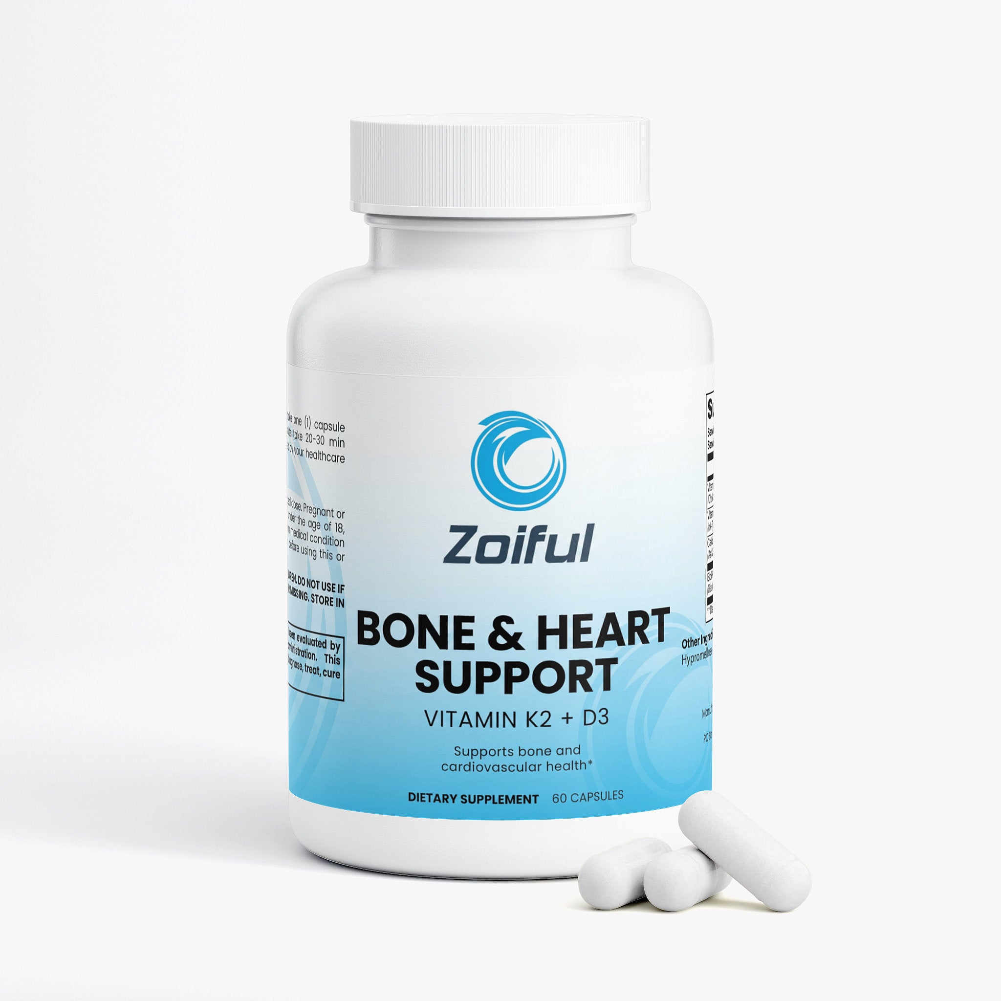 Bone & Heart Support D3 K2 calcium capsules supplement label angled view