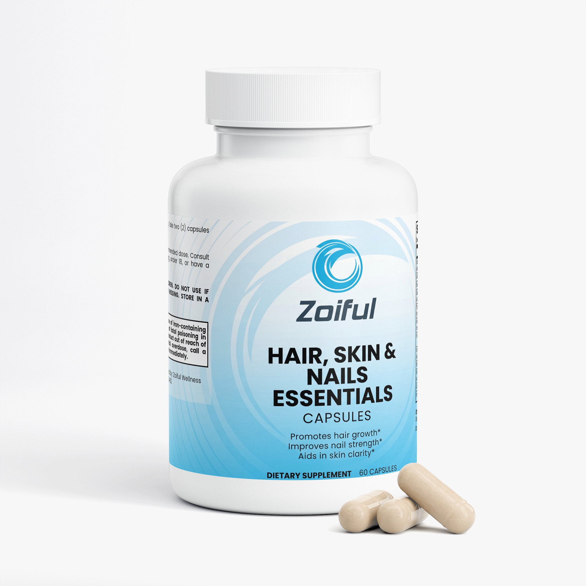 Hair skin and nails supplement capsules bottle showing biotin vitamins and zinc formula