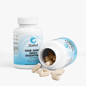 Hair, Skin and Nails Essentials supplement side view with 60 capsules