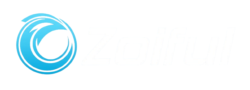 Zoiful logo with blue swirl icon and white wordmark
